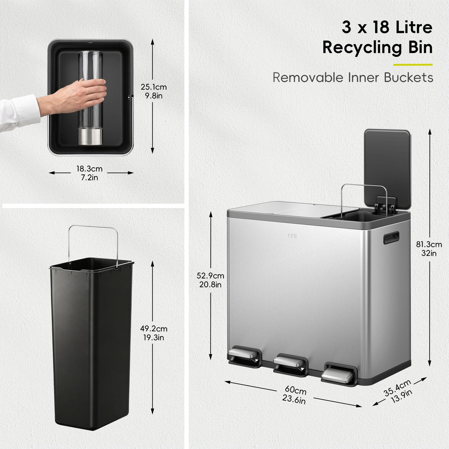 Ecocasa Plus Recycling Pedal Bin 18+18+18L
