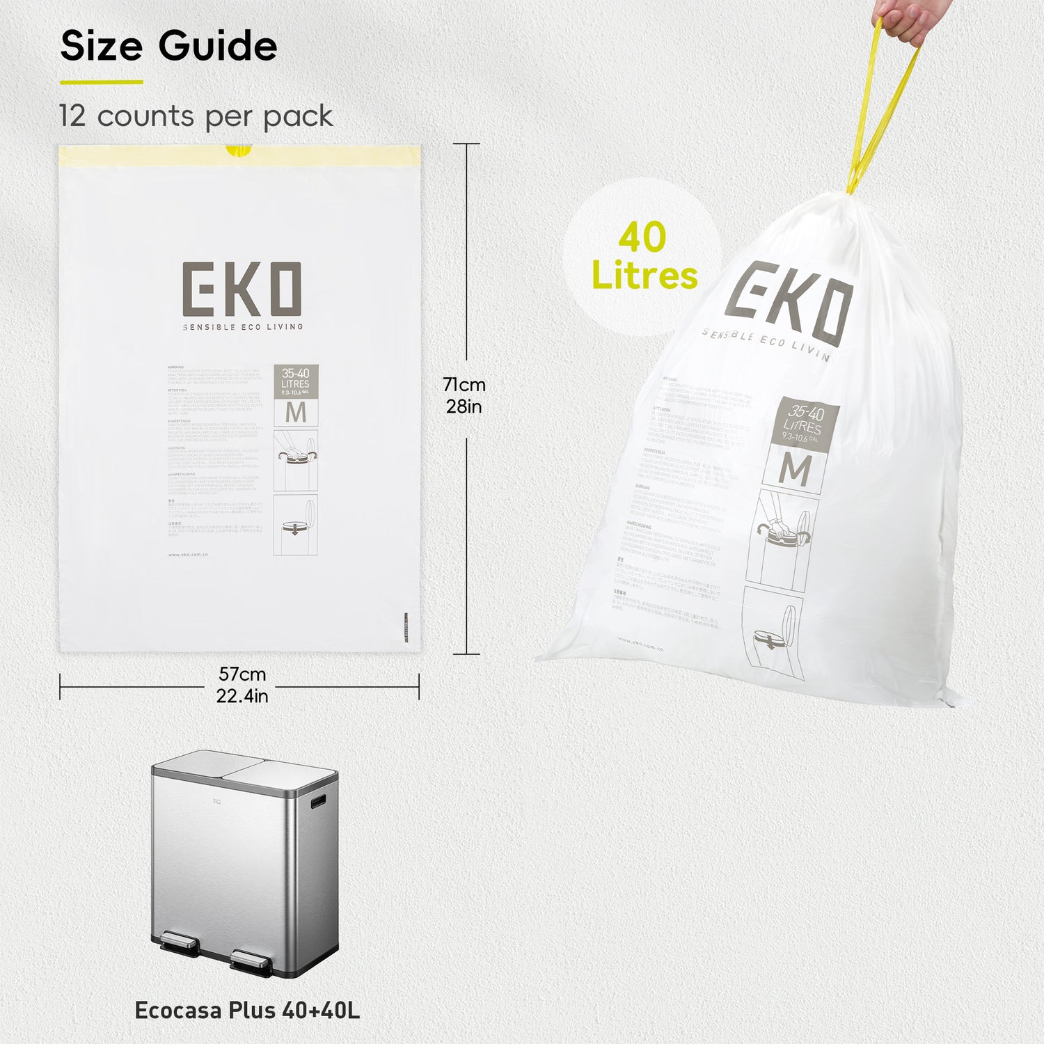 Size M Bin Liners 35L-40L, 12 bags