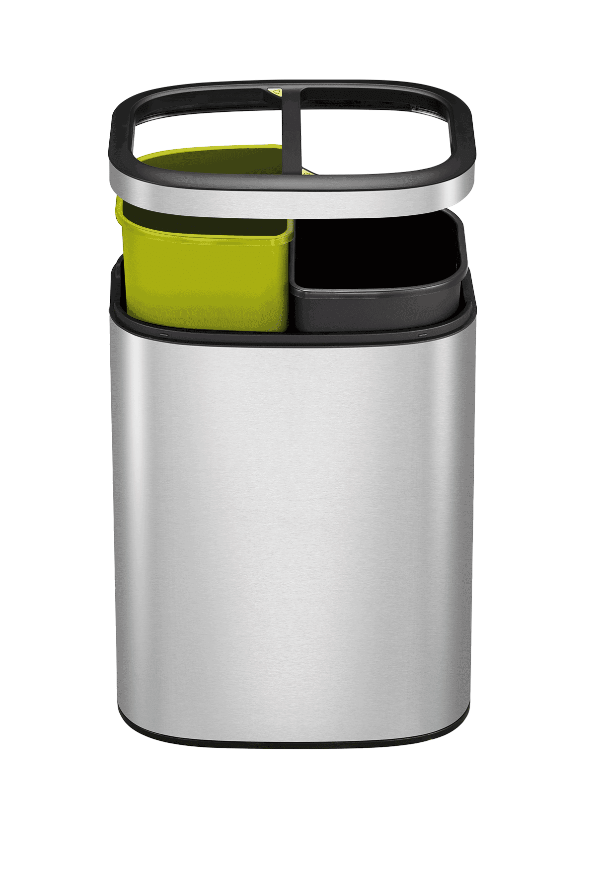 A stainless steel trash can with three compartments, Oli-Cube Open Top Bin 5+5L.