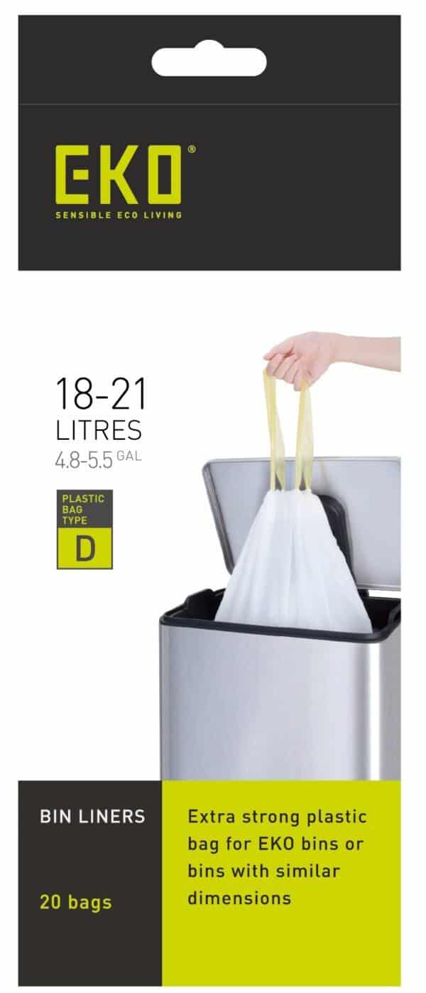 A package of Size D Bin Liners 18-21L, 20 bags with a hand holding a bag.