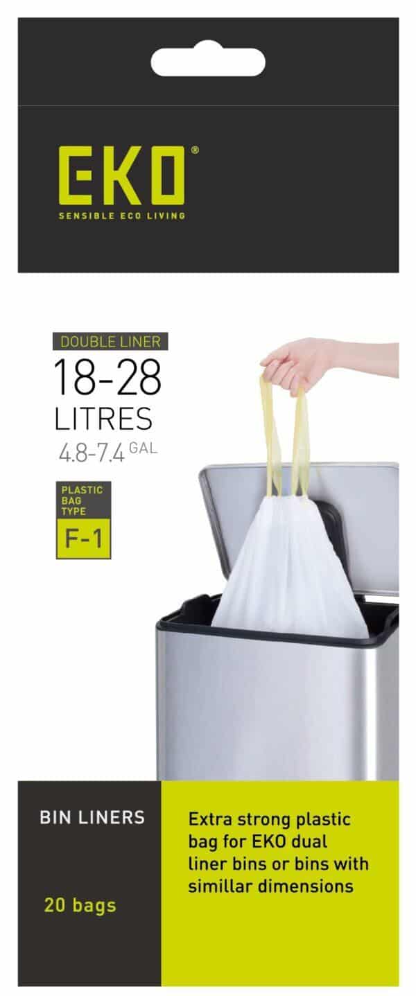 Eko trash bags in Size F-1 Bin Liners 18-28L, 20 bags package with a hand holding a bag.