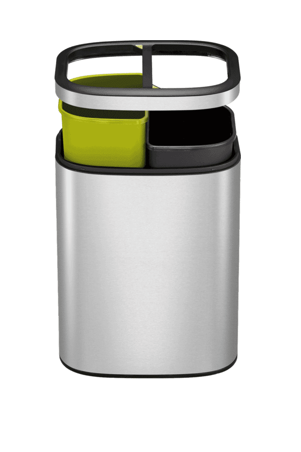 A stainless steel trash can with three compartments, Oli-Cube Open Top Bin 5+5L.