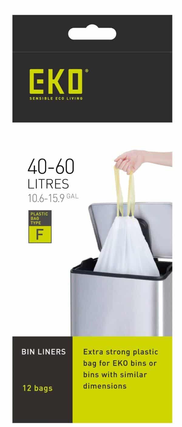 A hand disposing a bag in a trash can using Size F Bin Liners 40-60L, 12 bags.