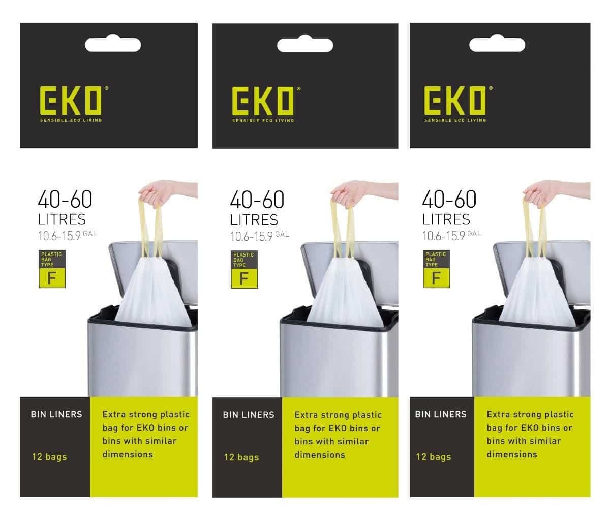  EKO Size F Bin Liners For Kitchen Bins - 40-60 Litre Capacity -  Extra Strong Bags with Drawstring Tie Handles - 12 Bags,White : Everything  Else