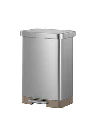 Stainless Steel step bin with brown plastic base and rear spare bin bag holder