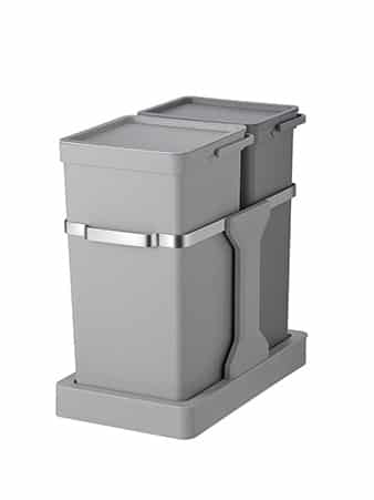 side by side pull-out grey bin caddies designed to go into a cupboard